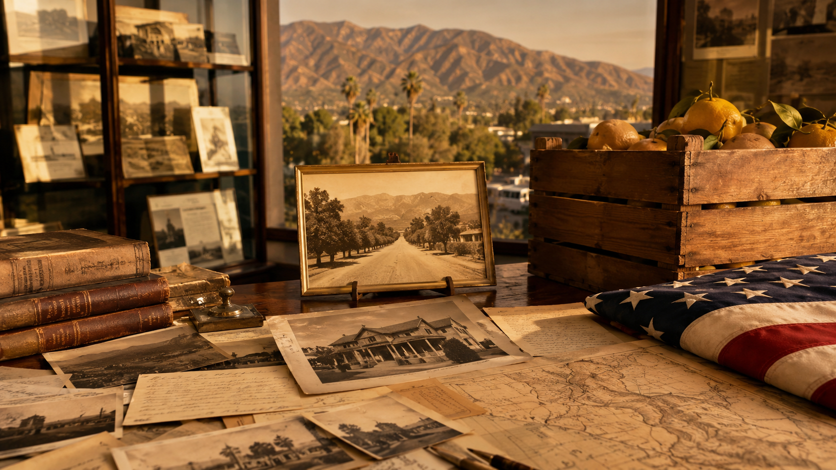 America250 local history display with Duarte photographs maps citrus artifacts and archival documents