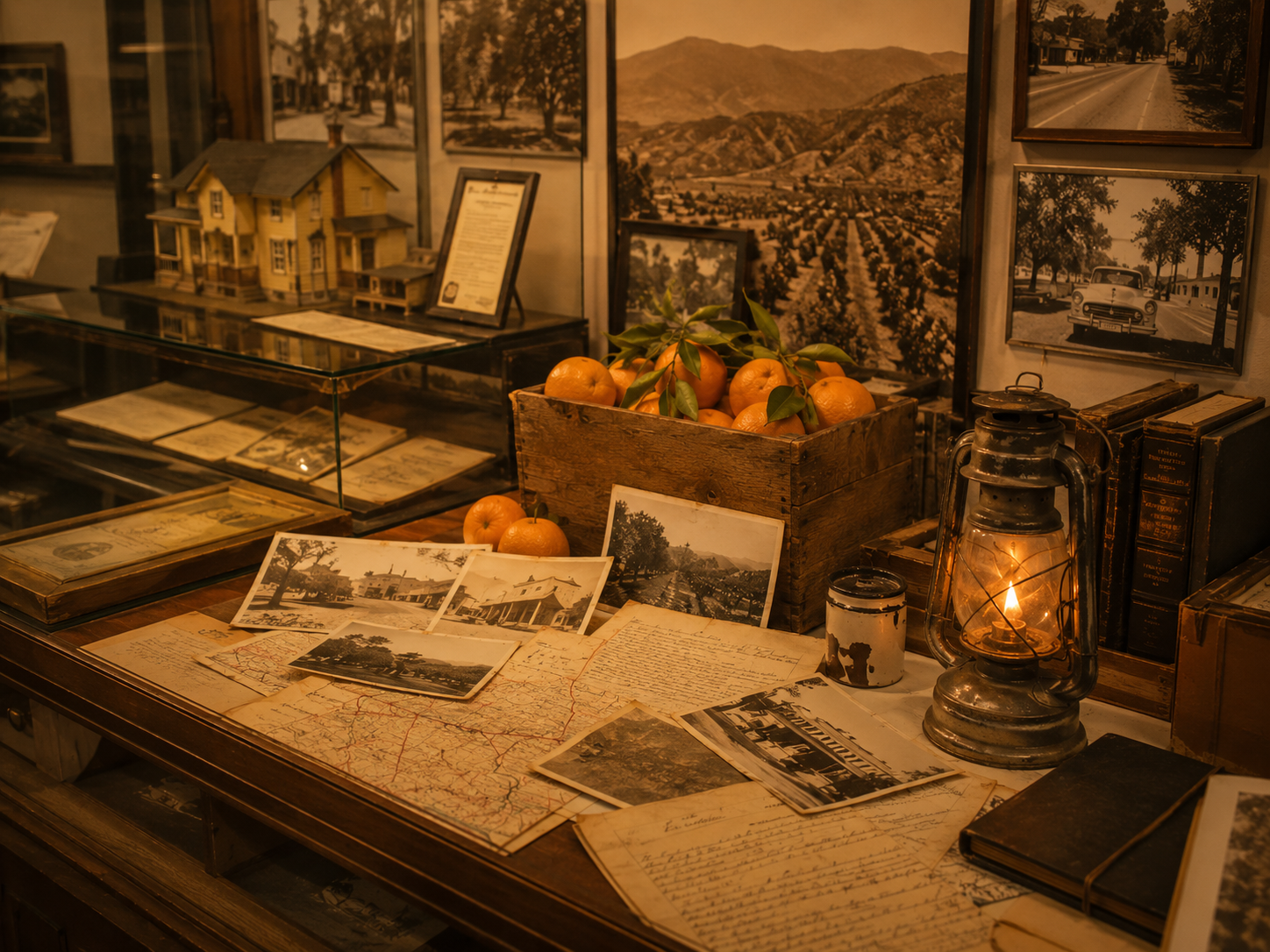 Duarte Historical Society archive display with photographs documents and citrus heritage artifacts