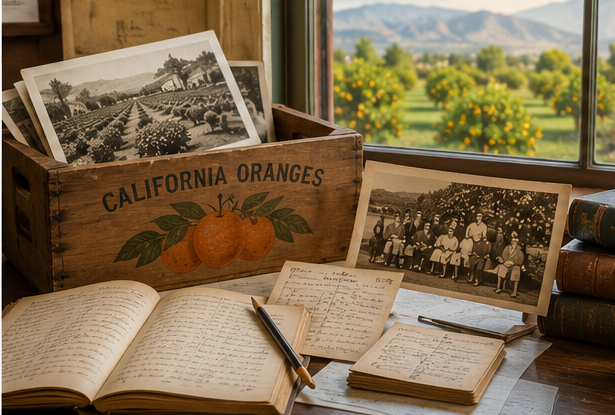 Early Duarte citrus heritage display with old orchard photographs maps and family records