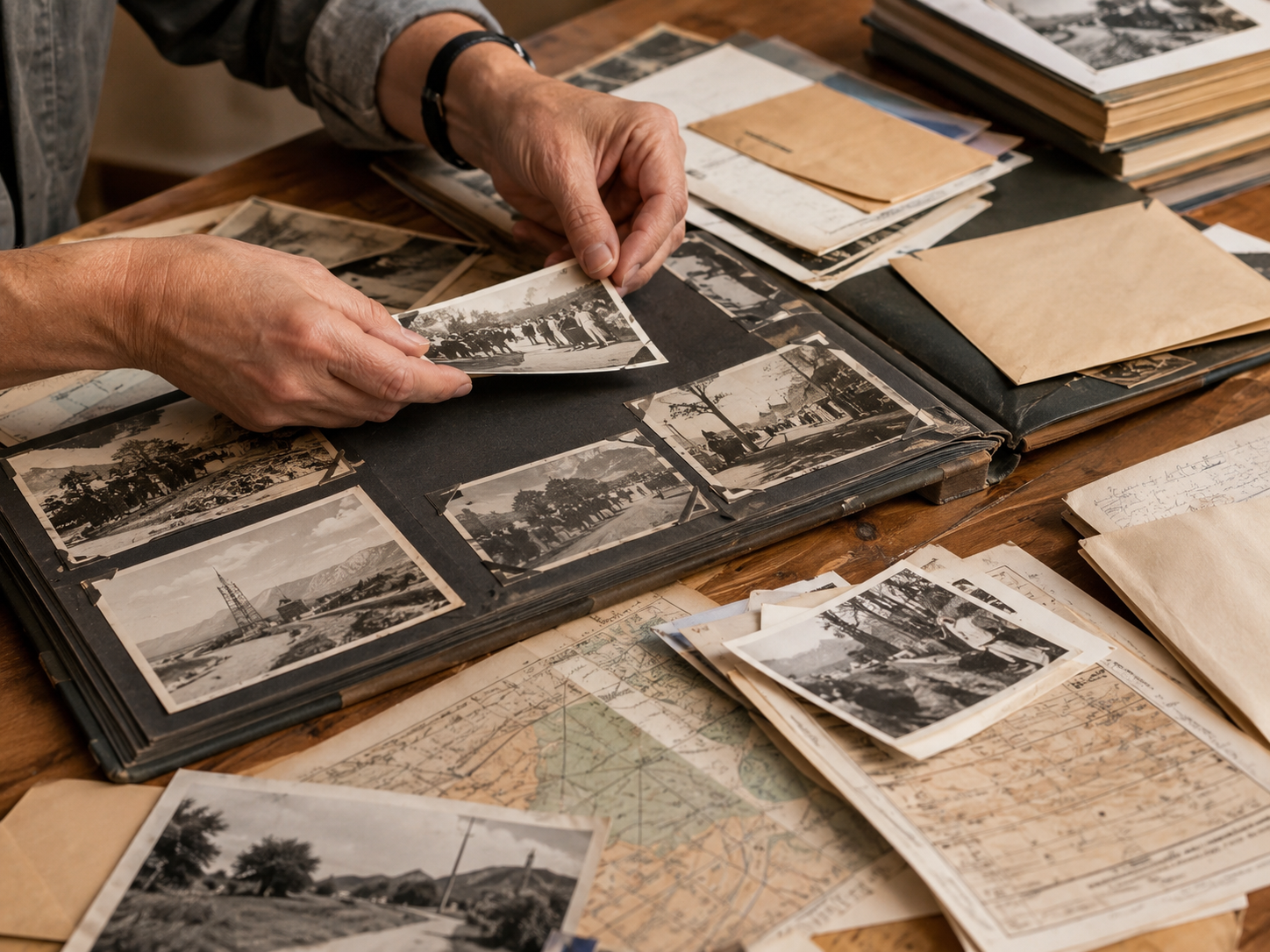 Hands organizing old Duarte family photographs and archival materials for preservation