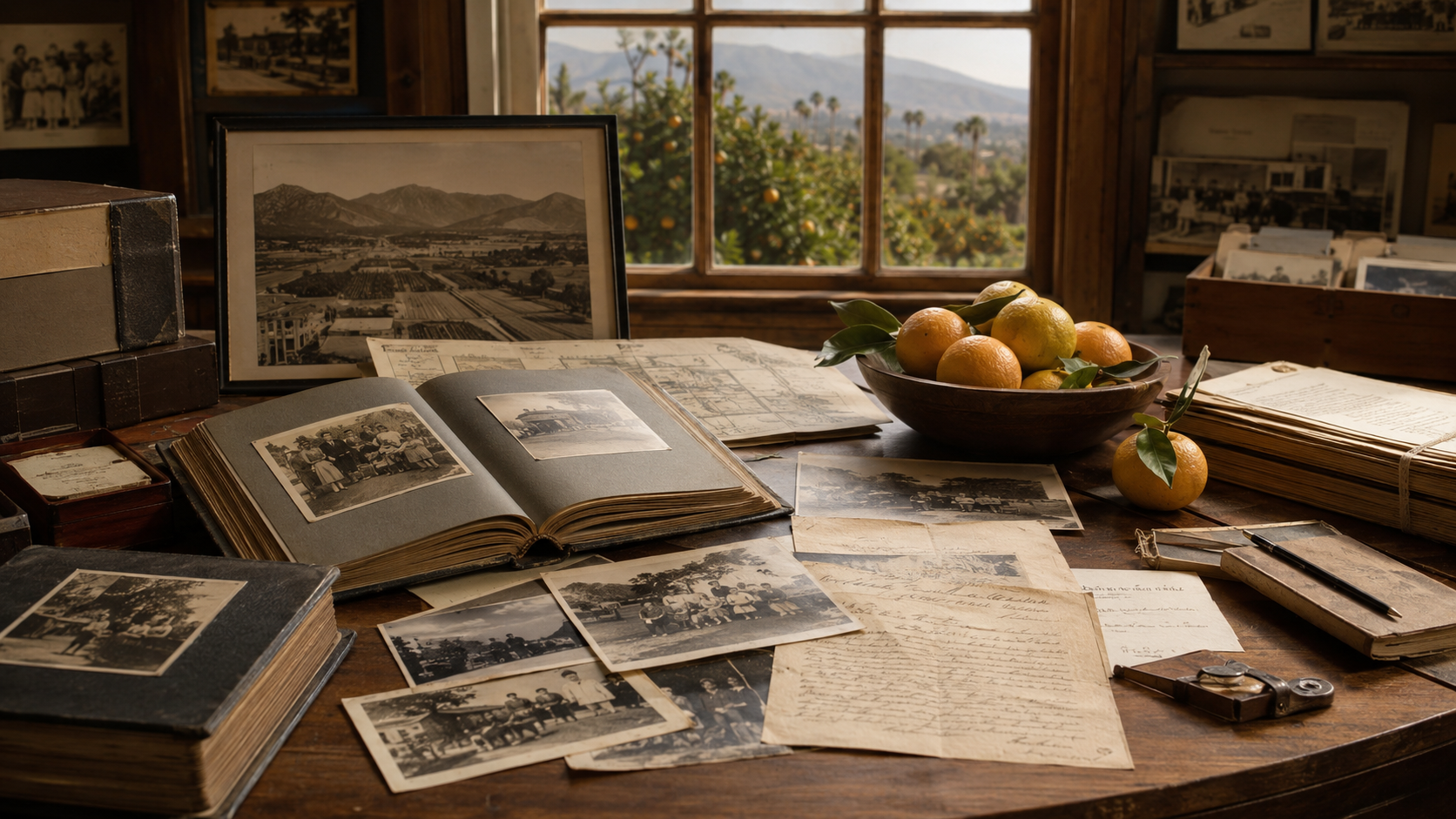Old family photos letters and Duarte history materials preserved on a museum archive table