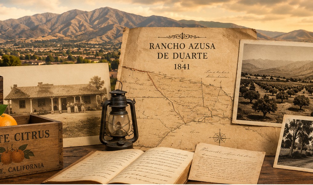 Rancho de Duarte history display with old maps photographs citrus artifacts and archival documents