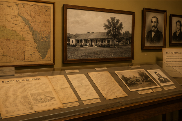 Rancho de Duarte museum exhibit with land grant documents maps and historic photographs