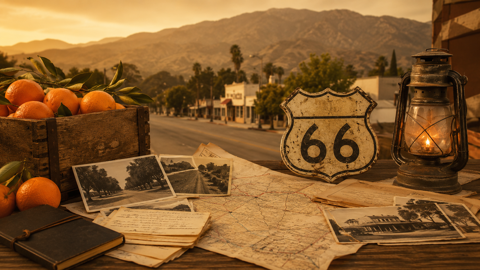 Route 66 Duarte history display with vintage photos maps citrus artifacts and archival documents