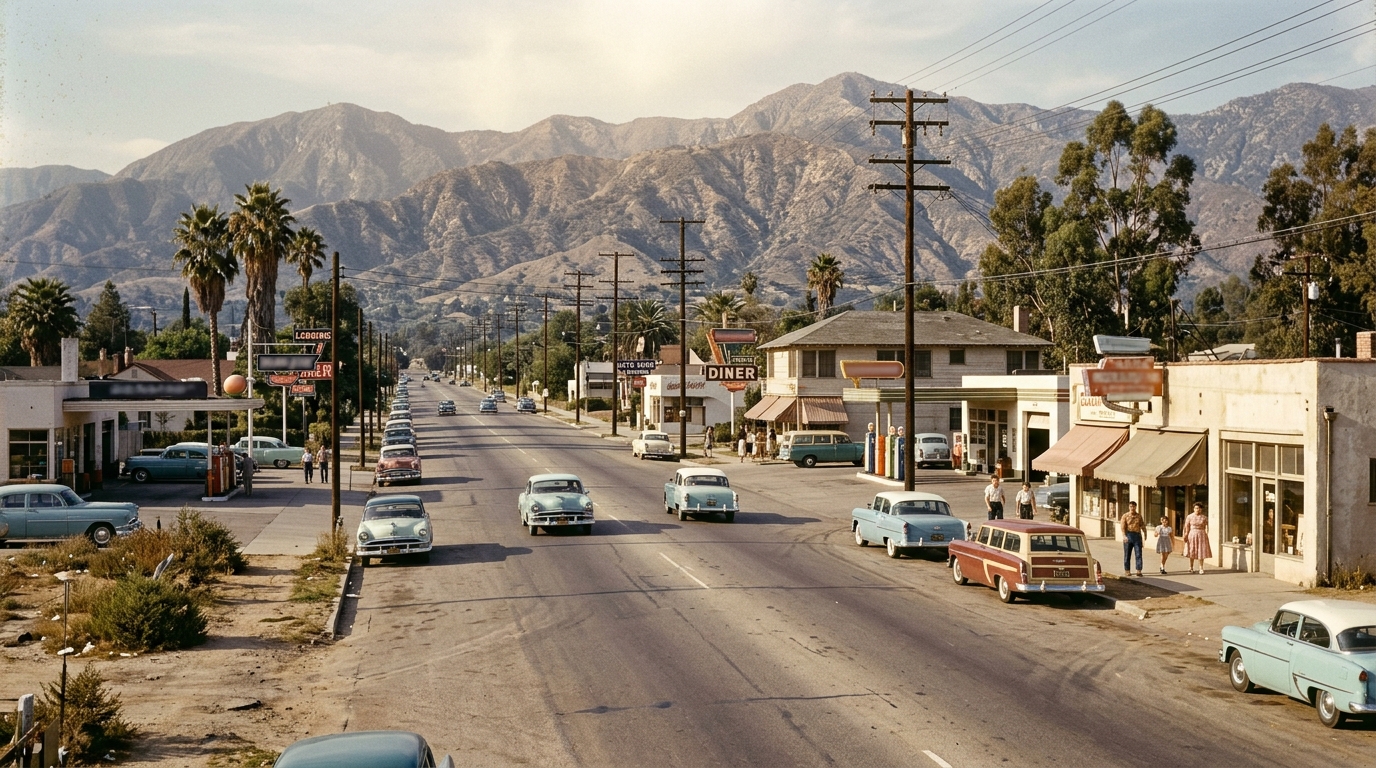 Historical illustration of Huntington Drive and Route 66 in Duarte during the mid-1900s